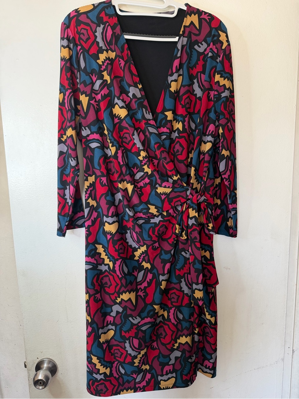 Anne Klein Abstract Print Faux Wrap Dress Tie Waist Long Sleeve